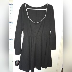 Elegant Black Dress with Square Neckline & Pearl Detailing